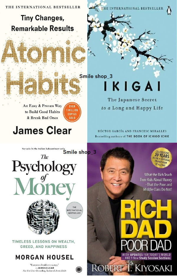 4 Book Set Rich Dad Poor Dad, The Psychology of Money, Atomic Habits+ Ikigai PB by James Clear (Brand New)